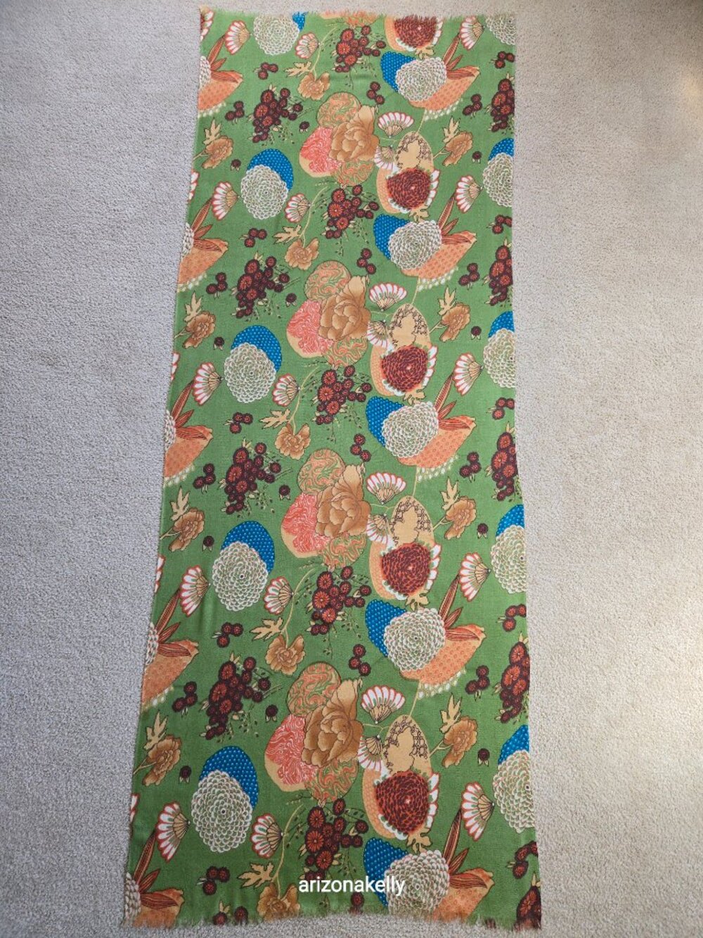 J. Peterman Scarf Wool/Silk Blend Botanical Flowers Green - Picture 2 of 14